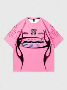 ROMWE MEN Street Life Men's Slogan Printed Short-Sleeve Racing T-Shirt, Suitable For Daily Wear In Spring And Summer, School - Pink - View 1