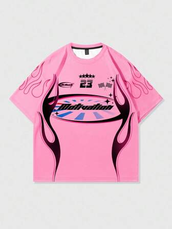 ROMWE MEN Street Life Herren Slogan bedrucktes Kurzarm Racing T-Shirt, geeignet für den täglichen Gebrauch im Frühling und Sommer, Schule