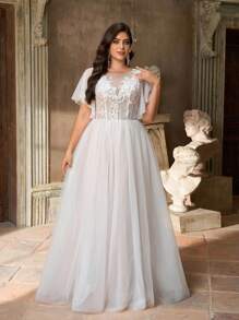 Aureia 加大码优雅浪漫奢华白色串珠亮片装饰连衣裙，飘逸荷叶边裙，适合晚会、派对、婚礼、蜜月、新娘 - 白色 - 查看 6