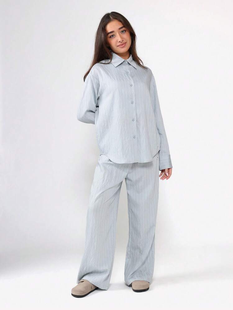 Pinstripe Button Down Shirt With Wide Leg Pants