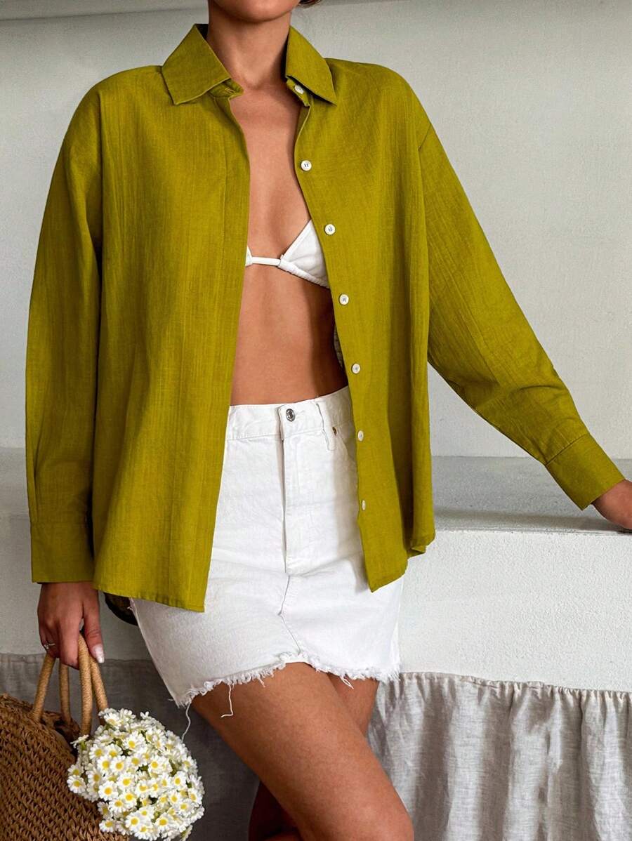 EURMUSE Blouse en lin vert olive pour les vacances d'été