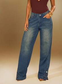 Denimoi Straight Leg Ankle Slit Button Detail Denim Jeans - Medium Wash - View 2