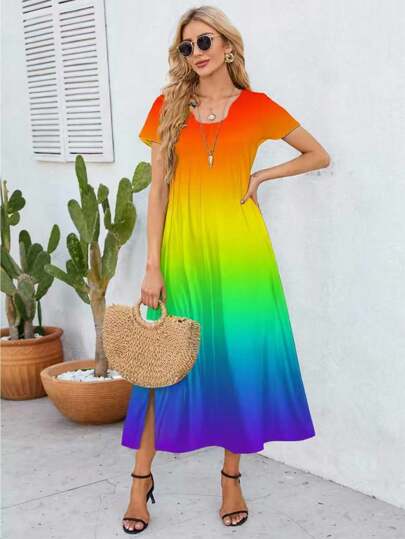 INAWLY Casual Gradient Color Split Dress For Holiday