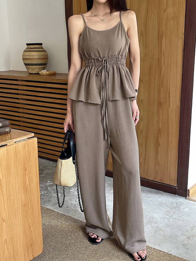 Women's Summer Ruffled Hem Strap Jumpsuit, Waist Cinch Jumpsuitlounge Sets For Women