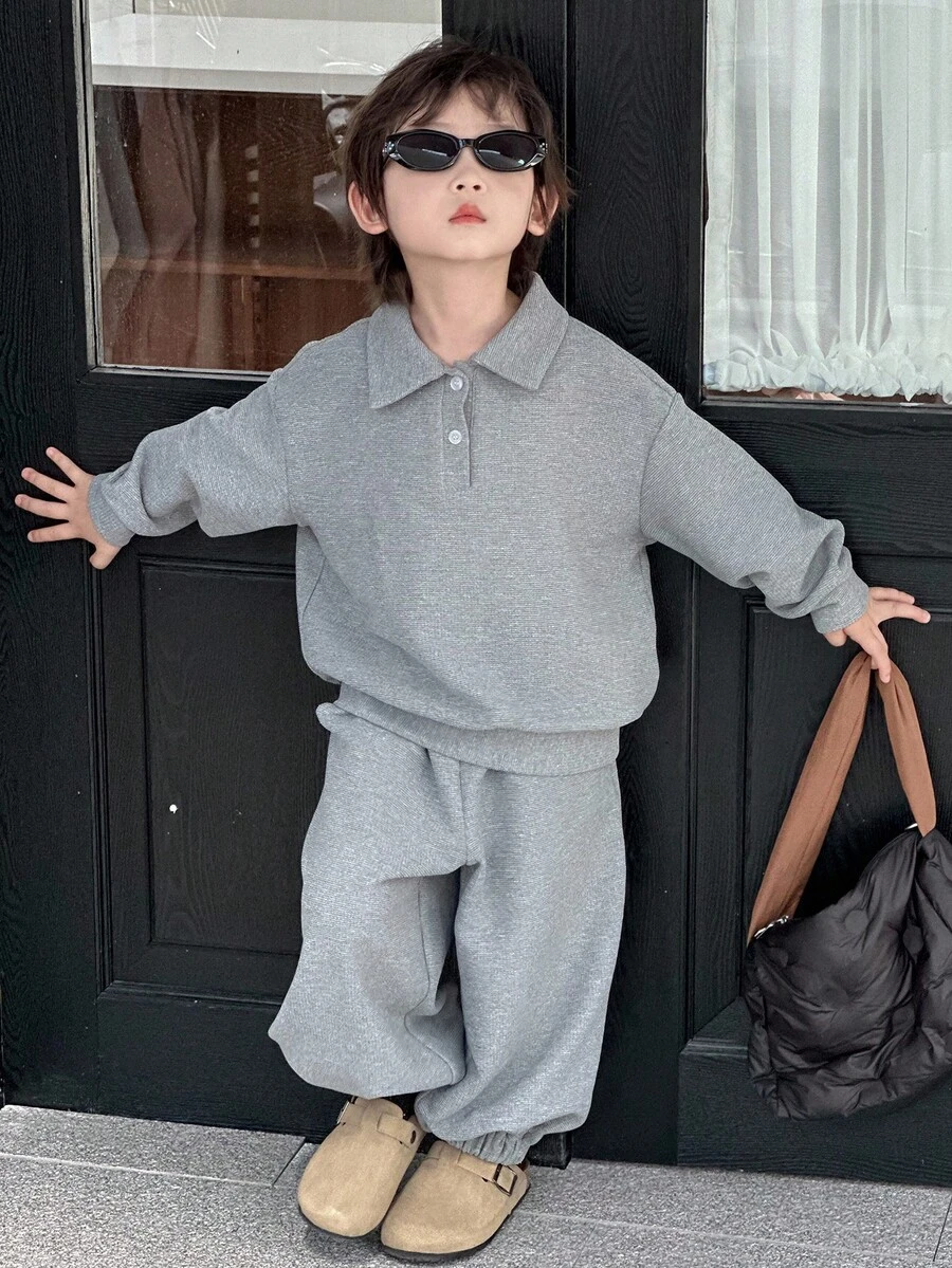 DAZY 2 件套儿童男童休闲 Polo 领运动衫和运动裤套装，宽松华夫格面料，秋季