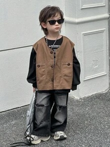 Dazy Kids 秋季幼儿男童无袖宽松休闲背心夹克 - 棕色 - 查看 2