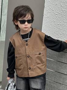 Dazy Kids 秋季幼儿男童无袖宽松休闲背心夹克 - 棕色 - 查看 7