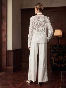ZEYLAH Set elegant de 2 piese, top și pantaloni din dantelă, culoare uni, model patchwork - alb - Vizualizare 3