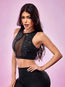 Slayform Top deportivo de mujer con diseño de rejilla y adornado con strass - Negro - Ver 3