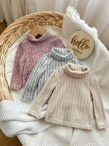 3pcs/Set Baby Girls Knitted Solid Color Turtleneck Long Sleeve Autumn Winter Top Undershirt, Casual - Multicolor - View 3