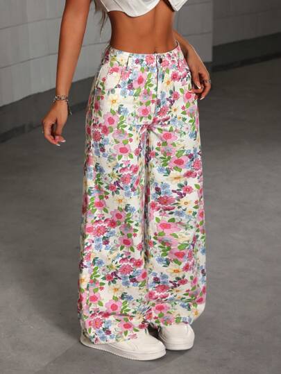 SHEIN PETITE Women's Floral Pattern Pocketed Loose Fit Wide Leg Casual Jeans