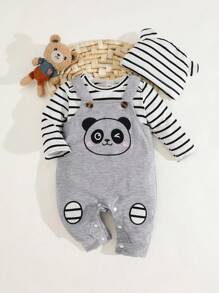 SHEIN 3件套婴儿/新生儿/幼儿男童舒适套装：条纹连体衣、灰色围兜裤、带可爱熊猫刺绣的条纹帽。休闲、舒适、时尚、简约、实用、多功能、柔软可爱，是送礼佳品，每个宝宝的必备单品。适合所有季节，秋冬季户外活动皆宜。