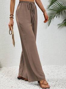 SHEIN Tall Women Khaki Casual Elastic Waist Drawstring Relaxed Straight Leg Pants Fall Cloth For Women - Khaki - View 3