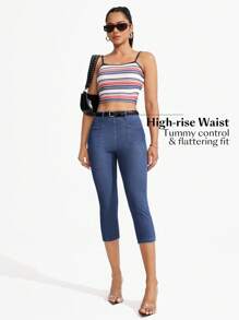 Flexra 纯色口袋松紧腰时尚修身七分牛仔裤 - 中等水洗藍 - 查看 3