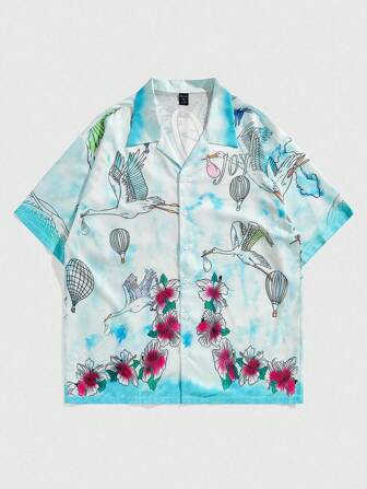 Street Life Chemise à manches courtes pour hommes avec imprimé floral et d'oiseau hawaïen