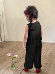 LMoss Kids LMoss 女婴两件套，梭织纯色方领上衣和宽松休闲裤，黑色套装，适合2-3岁女童，黑色女婴服装 - 黑色 - 查看 2