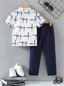 SHEIN Bộ đồ trẻ em trai thường ngày, áo sơ mi ngắn tay cổ in hình địa lý và quần dài Bộ đồ trẻ em trai thường ngày Bộ quần áo bé trai Bộ đồ hai mảnh cho bé trai - Nhiều màu - Xem 2