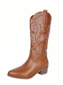 Styleloop Women's New Embroidered Western Boots, Fashion Personalized Embroidered Classic Thick Heel Mid-Calf Long Boots