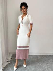 Elenzga Elegantes, simples enges Streifen-Jerseykleid mit Mock Neck, teilweise Knopfleiste vorne und kurzen Ärmeln