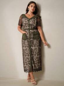 Anewsta Đầm ren dài vừa phải tay ngắn cổ chữ V thắt eo cỡ lớn cho nữ - xanh quân đội - Xem 1