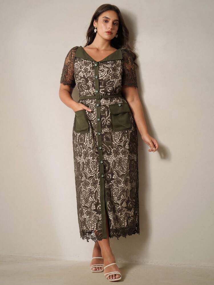 Sukienka damska w dużym rozmiarze z dekoltem w serek, ściągaczem w talii, krótkim rękawem i koronką o średniej długości