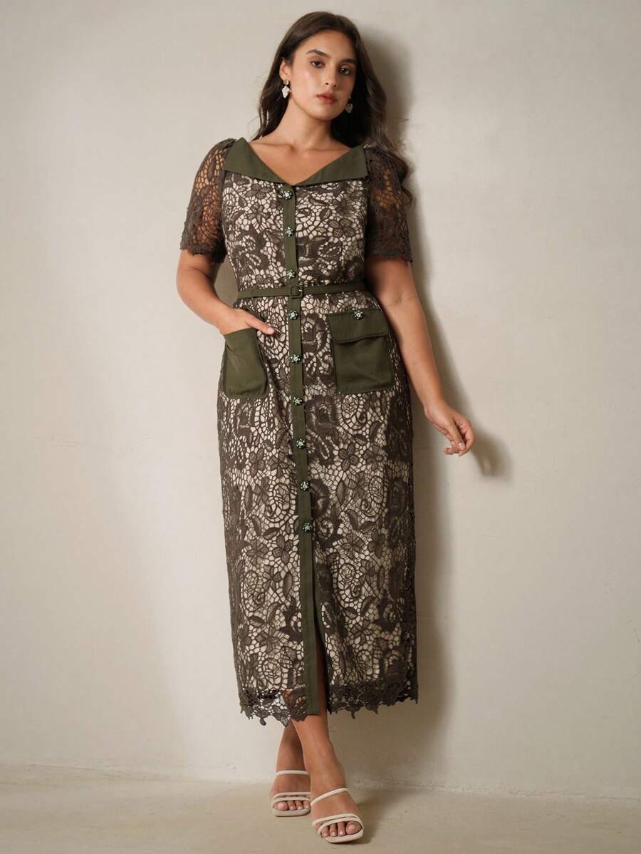 Anewsta Đầm ren dài vừa phải tay ngắn cổ chữ V thắt eo cỡ lớn cho nữ - xanh quân đội - Xem 1