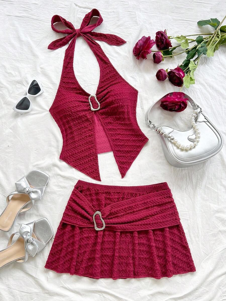 Soleia 女士两件套，纹理 V 领露背短款上衣和低腰金属扣饰边半身裙，适合派对、约会、下午茶、波西米亚风、波西米亚风、浪漫花卉、度假装女士半身裙套装红色半身裙套装