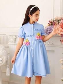 Tween Girl' Asymmetrical 3D Floral Puff Sleeve Sweet & Cute Summer Chiffon Shirt Dress
