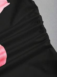 Sweetra Women's Casual Floral Printed Ruched Oblique Shoulder Top - Black - View 5