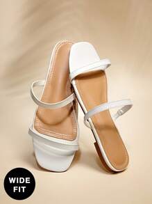 SHUZIA Wide-Fit Women's Two Thin Band Round Toe Flat Slide White Sandals - Apricot - View 2