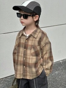 Dazy Kids 男童宽松格子长袖衬衫，休闲秋季款 - 棕色 - 查看 8