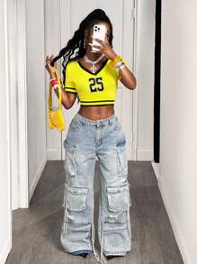 BamGleam Áo thun nữ tay ngắn dệt kim họa tiết sọc chữ đơn giản cổ chữ V màu tương phản mới mùa hè - Màu vàng - Xem 7