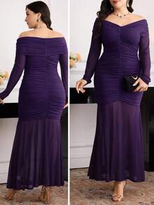 Modelyn Elegant Plus Size Solid Color Off Shoulder Ruched Fitted Dress - Purple - View 1