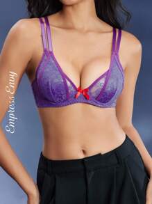 EmpressEnvy Women's Floral Lace Bow Design Fashion Bra Lace Bra Push Up Bra Criss Cross Bra Purple Bra