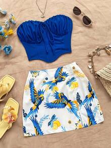 Soleia Women White And Blue Floral Boho Tube Top & Skirt Set,Beach Vacation 2 Pieces Outfit,Tropical Print Music Festival Club Summer Set  No Chest Padding - Multicolor - View 7