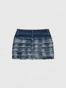 ROMWE Grunge Punk Y2K Distressed Multi-Layer Frayed Patchwork Low Waist Denim Mini Skirt With Stretch Leggings - Navy Blue - View 2