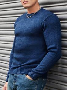 EURMUSE Jersey de cuello redondo ajustado y versátil para hombre, otoño/invierno - Azul - Ver 4