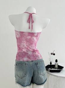 Elamini Women's Casual Backless Tank Top With Cashew Flower Print, Navy Blue Color For Spring And Summer - Baby Pink - View 2