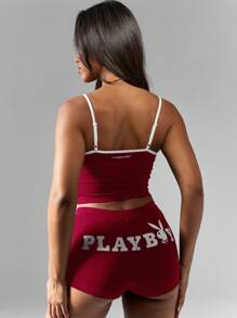 Missguided x Playboy Christmas Crop Tank Top Booty Shorts Active Two Piece Outfit Retro Streetwear Spring Summer Set Fitness Studio Gym Wear Stretch - Red and White - View 2