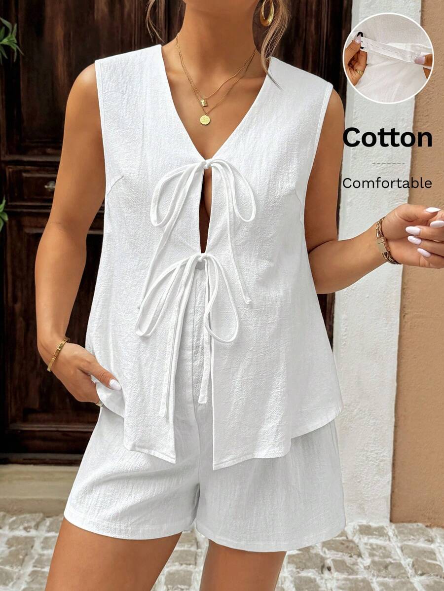 SHEIN 2 件套，纯色 V 领前系带无袖上衣和短裤，适合孕妇，白色棉质两件套，棉质连体短裤套装女式，白色棉质连体衣，女式棉质两件套服装，女式白色棉质连体衣 - 白色 - 查看 1