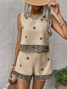 SHEIN LUNE 2pcs/Set Women Vacation Floral Print Sleeveless Shirt And Shorts Casual Set