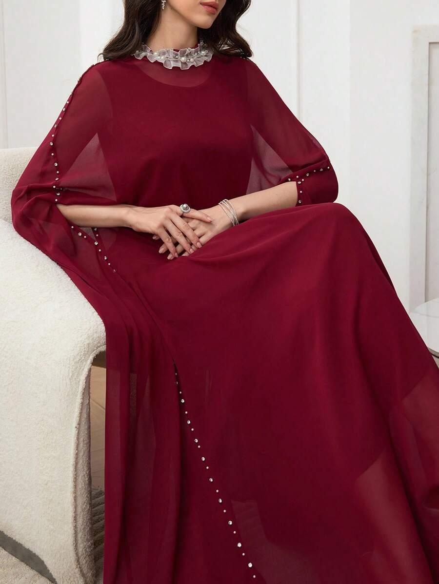 Modelyn Đầm tay cánh dơi đính ngọc trai trang trí cho nữ & Đầm không tay thanh lịch 2 món - Màu Đỏ Sâu - Xem 1