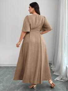 Modelyn Vestido elegante de talla grande para mujer de unicolor, con botones, media pechera, manga corta y cintura con lazo