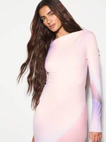 KIZN Long Sleeve Bodycon Midi Dress With Cowl Back Design Elegant Open Back Evening Side Slit Pastel Color Block Evening Party Holiday Cocktail Formal Dress