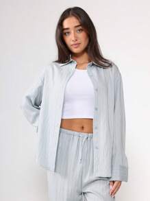 SUMWON 宽松版型细条纹衬衫阔腿裤套装，休闲秋冬春季搭配套装 - 淺藍色 - 查看 4