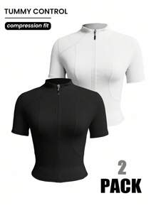 Gameset SHEIN Sport 2 Pieces Women's Tight Fit Mock Neck Short Sleeve Active Jacket, Sexy For Running, Fitness Workout, Outdoor Activities
