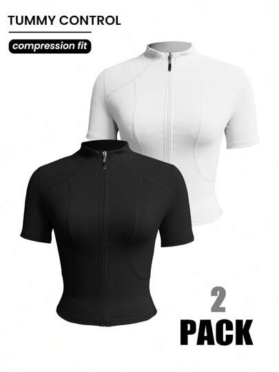 Gameset SHEIN Sport 2 Pieces Women's Tight Fit Mock Neck Short Sleeve Active Jacket, Sexy For Running, Fitness Workout, Outdoor Activities