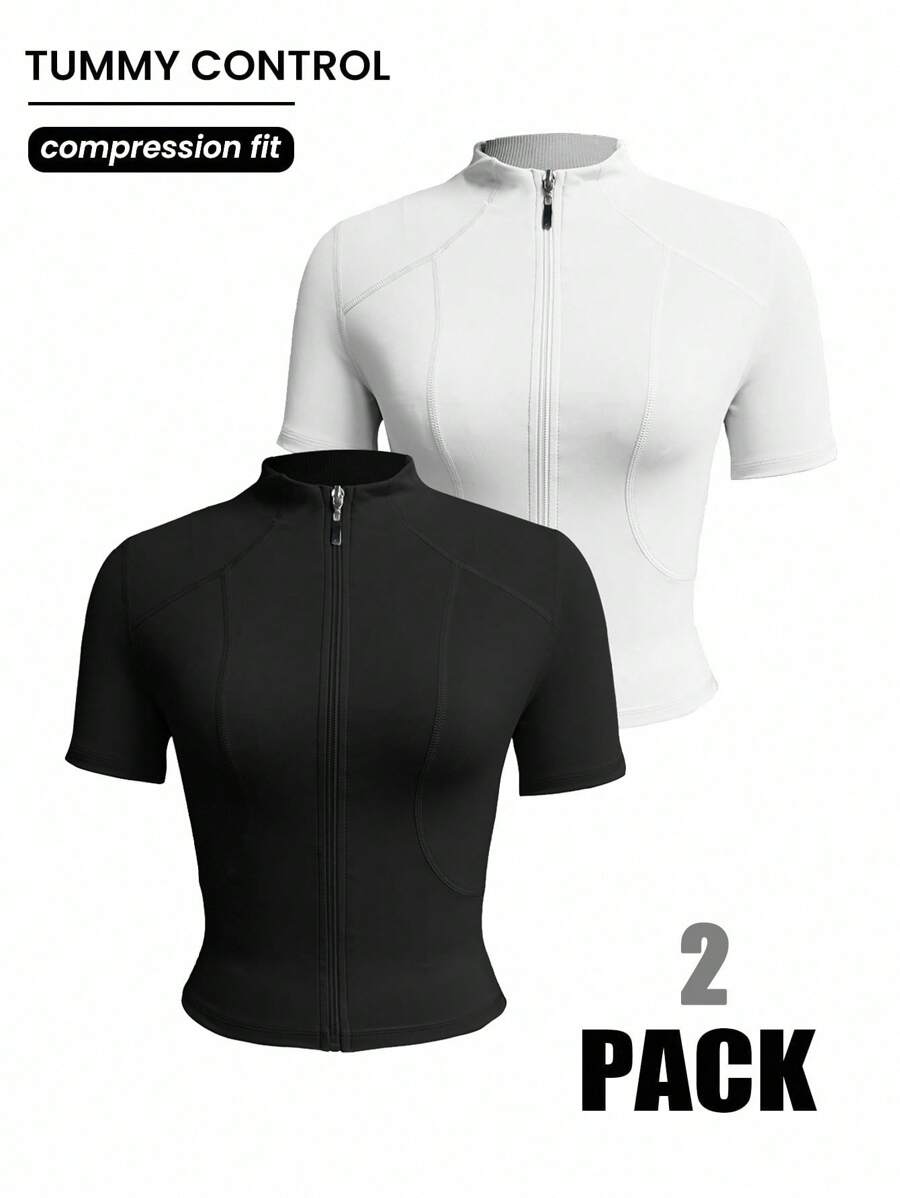 Gameset SHEIN Sport 2 Pieces Women's Tight Fit Mock Neck Short Sleeve Active Jacket, Sexy For Running, Fitness Workout, Outdoor Activities