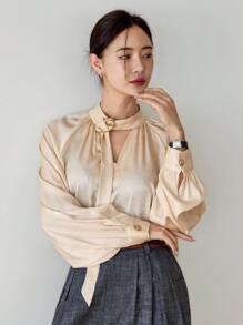 Dazy-Less 女士优雅长袖衬衫，纯色休闲商务办公装，带抽绳围巾设计，适合春、夏、秋、秋季女装 - 香檳色 - 查看 7