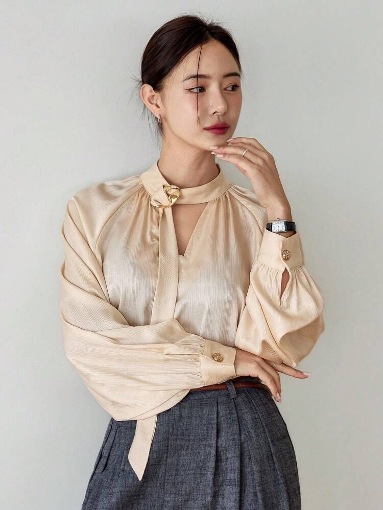 Women's Elegant Long Sleeve Shirt, Solid Color Casual Business Office Wear Casual With Drawstring Scarf Design For Spring, Summer, Autumn,Fall Women Clothes